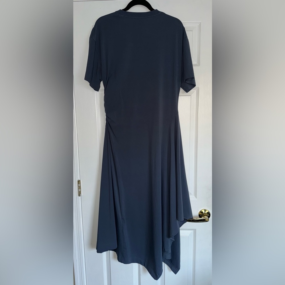COS Steel Blue Asymmetric Flow Ruched Stretch Cotton Jersey T-Shirt Midi Dress L - Picture 8 of 13